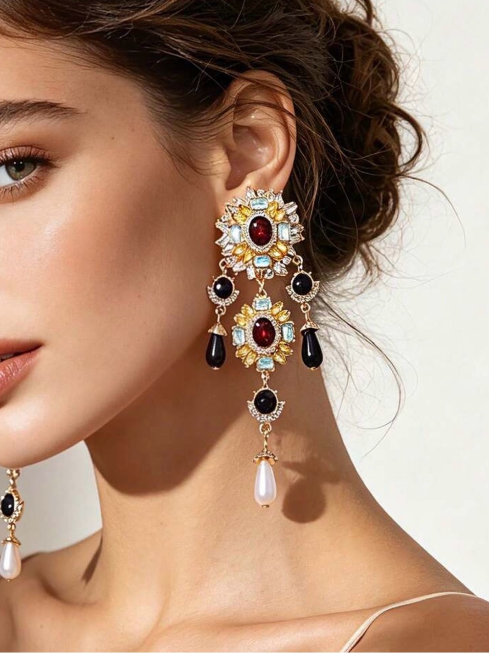 Elegant Gold-Tone Multi Gem Drop Earrings in Black, Red, and Pearl